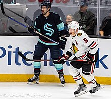 Murphy (right) during a game against the Seattle Kraken in 2023. Chicago Blackhawks at Seattle Kraken - April 8, 2023 - Connor Murphy and Justin Schultz (52805378598).jpg