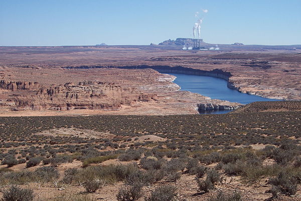 Colorado River, Page city area on the right and Navajo Generating Station in the background