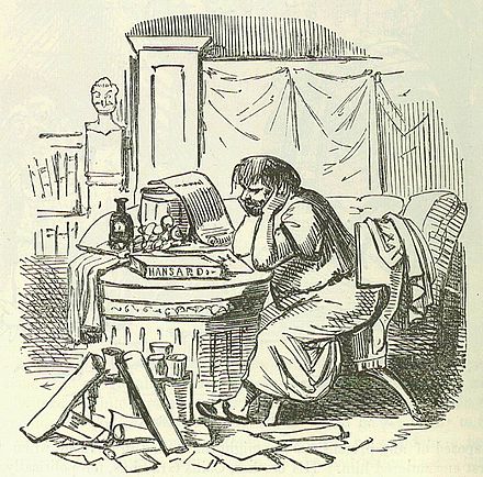 Scipio Aemilianus cramming himself for a speech after a hearty supper. Image by John Leech from The Comic History of Rome, by Gilbert Abbott à Beckett.