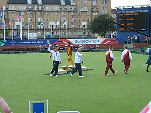Paul Foster and Alex Marshall at the medal ceremony Commonwealth Bowls Mens Doubles 2014 2.JPG