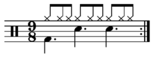 Compound triple drum pattern: divides three beats into three; contains repetition on three levels Compound triple drum pattern.png