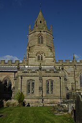 Spire, crossing tower and Vernon Chapel, seen from the south Crossing tower of St Bartholomew's Church, Tong, Shropshire.jpg