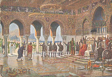Il Cancelliere Aulico ricevuto da Federico II, Re di Sicilia, a palazzo della Favara di Palermo con letterati, artisti e studiosi siciliani.