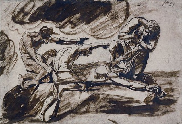 Black chalk drawing of the binding of Prometheus by George Romney, dating to c. 1798–1799. Kratos and Bia are at his feet, holding him down as Hephaes