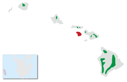 La distribución del ʻIʻiwi (verde) con áreas extintas (rojo)