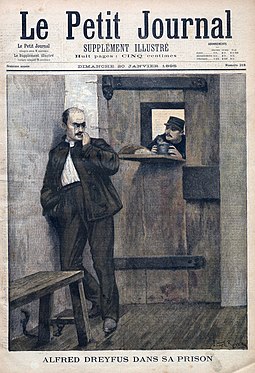 Cover of Le Petit Journal, 20 January 1895 (illustration by Fortune Meaulle after Lionel Royer). Dreyfus-in-Prison-1895.jpg