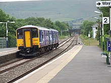 Railway routes crossing the Pennines include the Hope Valley line/South Transpennine Route (Manchester-Sheffield). EdaleStation6500.JPG