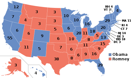 In this map of the 2012 United States presidential election  results, the states are colour-coded by the political colour of the party whose candidate won their electoral college votes, but the political meanings of red and blue in the United States are the opposite of their meanings in the rest of the world.