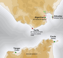 Mapa do Estreito de Gibraltar, com pontos em Tarifa, Algeciras, Gibraltar, Tânger e Ceuta