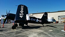 Museum of Flight's F2G-1 Corsair, BuNo 88454, on display at Paine Field, Everett, Washington for "SkyFair 2014" on July 26, 2014. Note the manually folded wings of this "land-based" Corsair. F2G-1 Corsair with wings manually folded. BuNo 88454.jpg