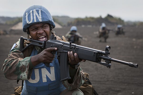 A South African soldier, part of the UN peacekeeping force, armed with an R4 during a training exercise in 2013