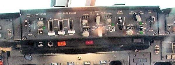 The autopilot control panel of a Boeing 747-200 aircraft