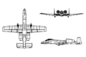 Fairchild Republic A-10 Thunderbolt II 3-view line drawing.png