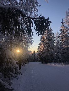 A sunny and groomed ski trail on the Lighted Loop Trail in Far North Bicentennial Park Far North Bicentennial Park.jpg