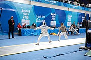 Deutsch: Fechten bei den Olympischen Jugend-Sommerspielen 2018: Tag 1, 7. Oktober 2018, Jungen, Säbel, Runde der letzten 16 - Ali Al-Bahrani (KSA) Vs Antonio Heathcock (GER) 9:15 English: Fencing at the 2018 Summer Youth Olympics at 7 October 2018 – Boys' sabre Round of 16 – Ali Al-Bahrani (KSA) Vs Antonio Heathcock (GER) 9:15