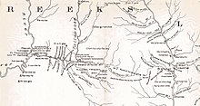 Fort Hull in relation to other contemporary forts. Hoitlewaule and Tukabatchee (labeled as Tookaubatchee) are both identified to the upper left of Fort Hull. Fort Hull map.jpg