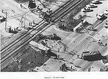 The destroyed school bus in the Fox River Grove level crossing accident. Fox river grove 1995 bus accident scene.jpg