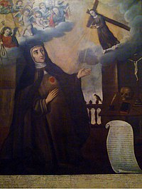 Allegoric painting of Francisca Josefa de la Concepción, kneeling whilst receiving a mystic vision