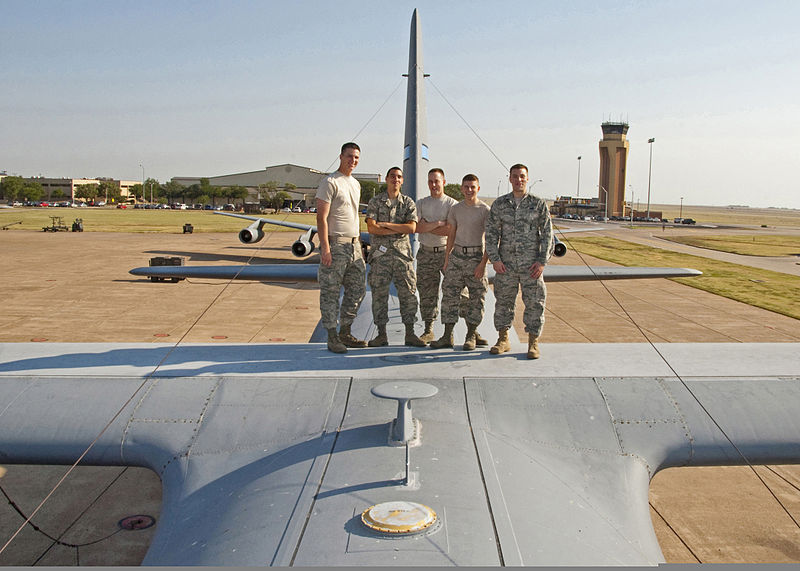 File:From left, U.S. Air Force Airman Damian Halpin, Staff Sgt. Mark Frasco, Airman Joshua Peck, Airman 1st Class Aaron Ogden and Airman Anthony Amrhein, all with the 362nd Training Squadron, pose for a photo atop a 110616-F-NS900-001.jpg