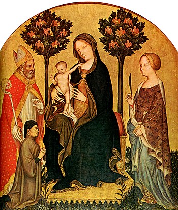 Gentile da fabriano, Madonna with Child and St Catherine, St Nicolas and Donor.jpg