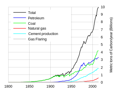 Global fossil carbon emission by fuel type, 1800–2007 AD.
