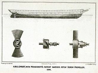 HMS Dwarf. A diagrammatic view of her hull and Woodcroft's Patent Varying Pitch Screw Propeller of 1844. H.M.S Dwarf with Woodcroft's Patent Varying Pitch Screw Propeller 1844. Diagrammatic view of hull RMG PU6183.jpg