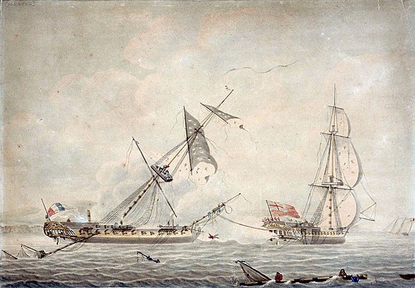 Blanche towing Pique, a French frigate captured as a British prize in 1795