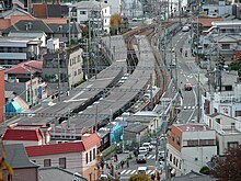Photographie sur-élevée montrant la gare Hankyu Minoo et les voies de chemin de fer sortant de ce terminus