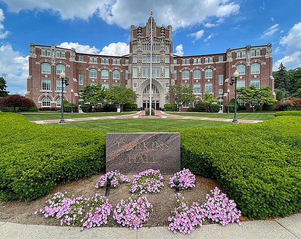 Harkins Hall (1919) designed by Matthew Sullivan in the Collegiate Gothic style