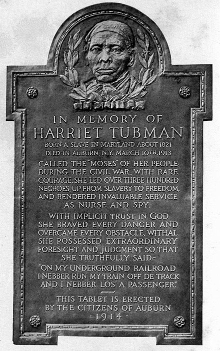 Tubman's commemorative plaque in Auburn, New York, erected 1914