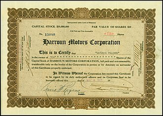 To indicate that the stock is not watered, this stock certificate declares the par value of $10 per share "full paid and non-assessable." Harroun Motors 1917.jpg