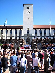2004 anti-rape march at Rhodes University Herbert Baker clocktower, Rhodes University, 2004.jpg