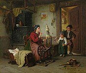 «Familie med kvinne ved spinnerokken» («Familie mit Frau am Spinnrad») ble malt av tyskeren Hermann Sondermann (1832–1901) i 1879. Motivet viser en kvinne som arbeider ved vingerokken mens hun passer barn.