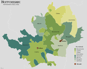 Hertfordshire Hundreds in 1832 Hertfordshire Administrative Map 1832.png