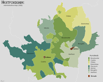 Hertfordshire hundreds in 1832 Hertfordshire Administrative Map 1832.png