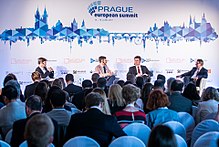 Alexander Grubmayr, Ryan Heath, Miroslav Lajcak and Lubomir Zaoralek during a panel debate at the Prague European Summit 2017 High Level Ministerial Panel.jpg