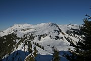 The Hoher Freschen in the Bregenz Forest Mountains seen from the Nob in Laterns-Gapfohl in Vorarlberg.