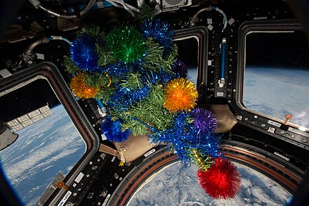 A Christmas tree floating in the Cupola, December 2015