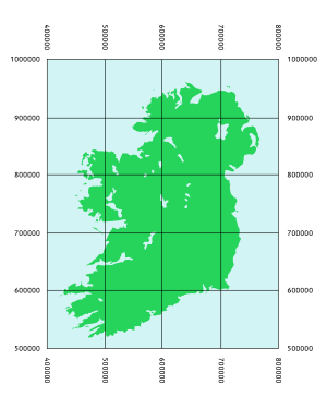 An illustration of ITM coordinates over a map of Ireland. Eastings are on the top/bottom. Northings are on the right/left. ITM map of Ireland.svg
