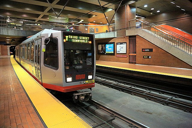 An inbound T Third Street train at Castro station in 2013