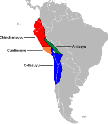 The four suyus of the Inca empire. Kuntisuyu appears in orange. Inca Empire South America.png