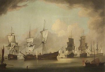 The scene in Ramsey Bay after the Battle of Bishops Court between the English and French squadrons, enacted off the Manx coast in 1760