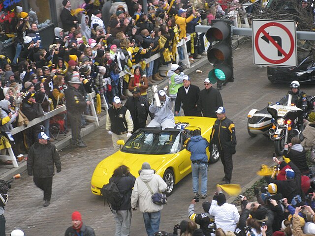 James Harrison in the post Super Bowl XLIII victory parade down Grant Street.