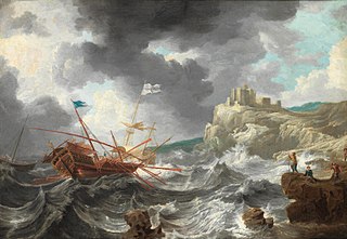 Spanish and English galleons foundering in stormy waters with figures watching on from a rocky coastline with a Spanish fortress beyond