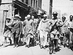 Jawaharlal Nehru, Vice-President of the Interim Government of India, visiting the riot affected city of Multan, in undivided Punjab along with Dr Gopichand Bhargava, the Chief Minister of Punjab.jpg