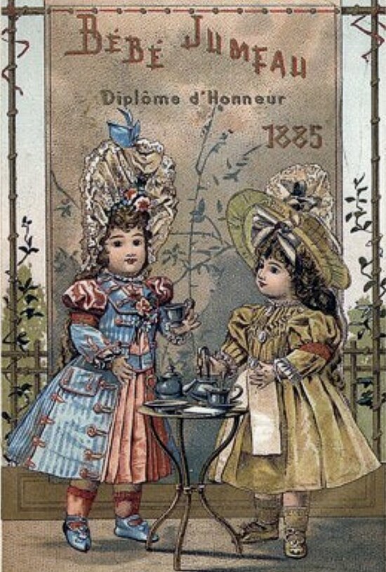 Bisque doll advertising from the French company Jumeau, 1885