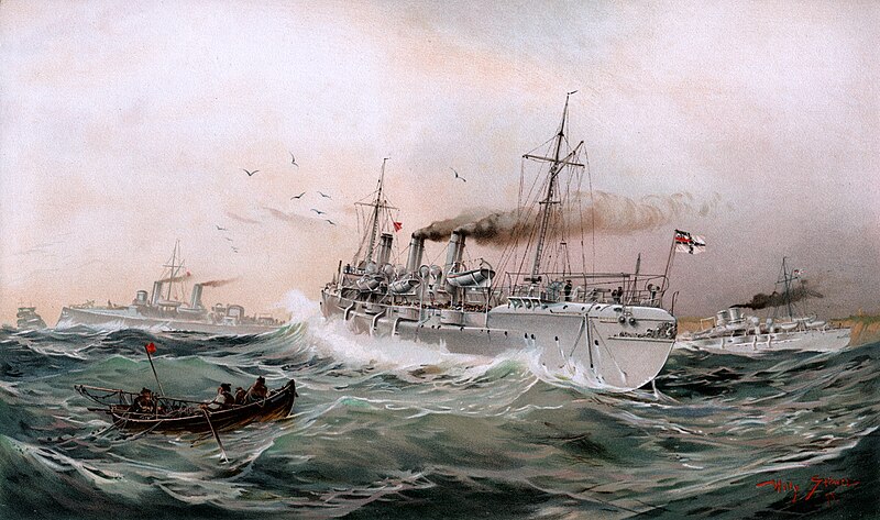 File:Kaiserliche Marine Greif, Meteor und Jagd spähen bei Brüsterort, Chromo-Lithographie von Willy Stöwer 1894, nr9 aus G. Wislicenus, Unsre Kriegsflotte (cropped).jpg