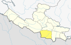 लुम्बिनी प्रदेशमा कपिलवस्तुको (गाढा पहेँलो) स्थानको अवस्थिति