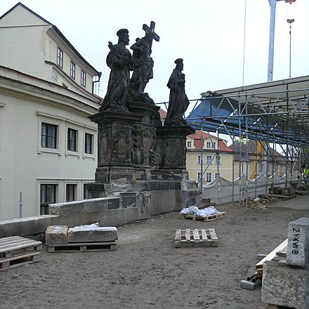 Reconstruction of the Charles Bridge in Prague showing numbered dimension blocks.