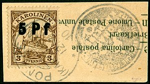 A surcharged 5pf stamp. Karolinen3pf1910hohenzollern-5pfPonapeovpt.jpg